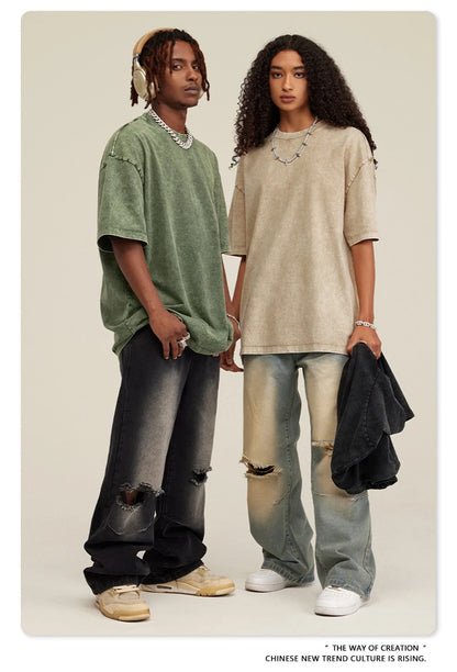 ZODF New Summer Men Washed Batik Cotton T Shirts Unisex American Retro High Street 270gsm Short Sleeve Tees Streetwear HY0489