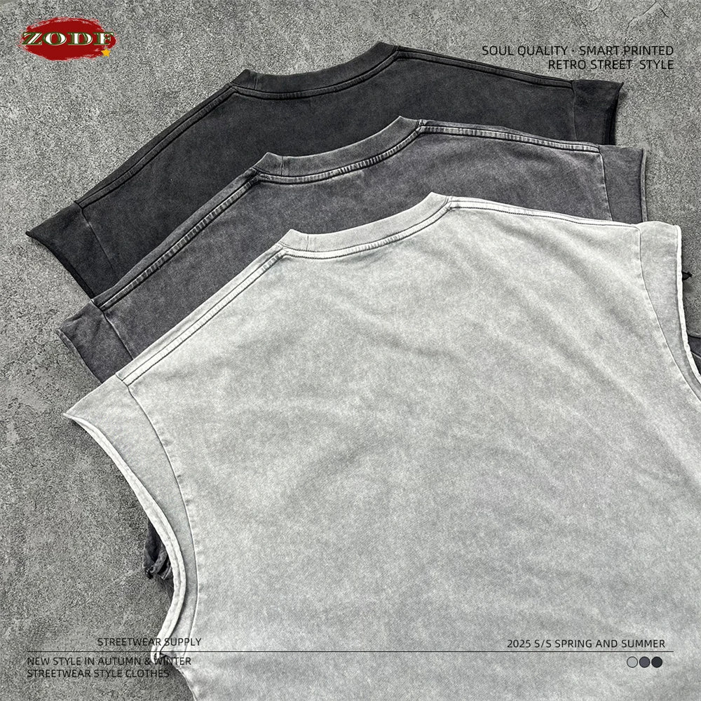 ZODF Trendy Summer Men Batik Washed 275gsm Cotton Tank Tops Unisex Oversized Loose Edge Sleeveless Vests Brand Tees HY1036