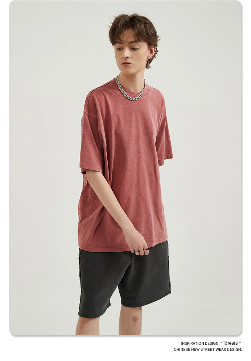 ZODF Men 2024 Retro Summer Washed Solid Cotton T-Shirts Unisex Retro Loose High Street 250gsm Basic Tees Streerwears HY0075