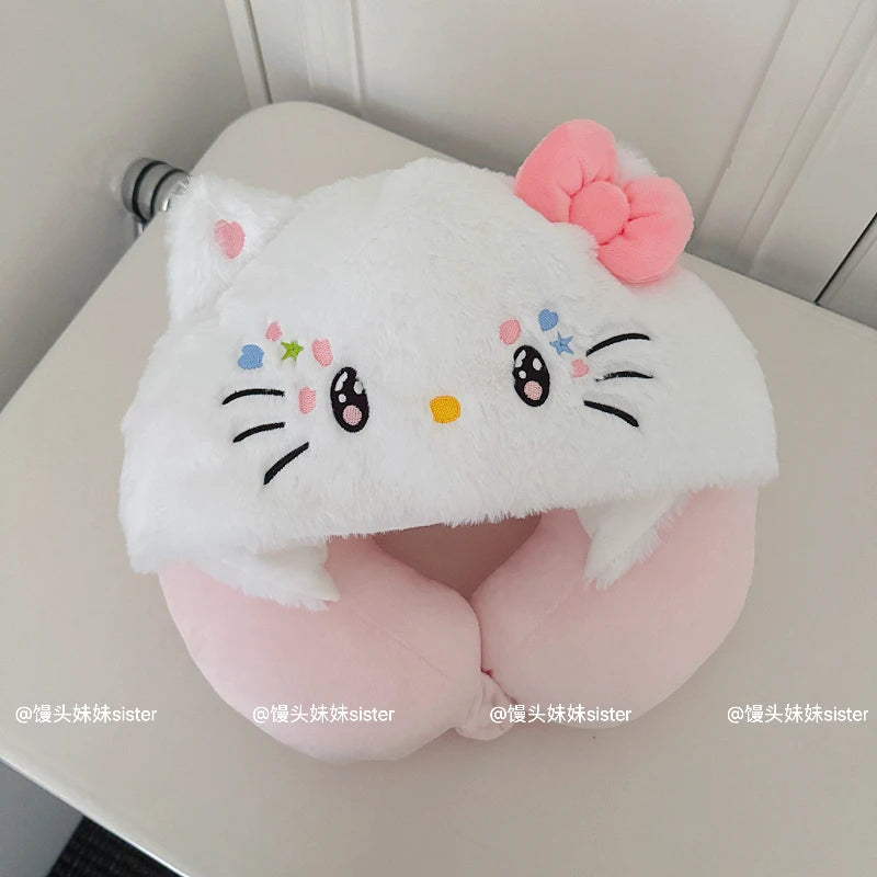 Kawaii Hello Kitty Neck Support Pillow with Hat Soft Plush Travel U-Shaped Pillow Nap Sleeping Cartoon Comfortable Journeys Girl