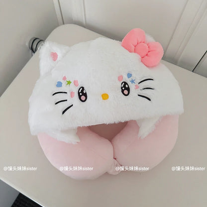 Kawaii Hello Kitty Neck Support Pillow with Hat Soft Plush Travel U-Shaped Pillow Nap Sleeping Cartoon Comfortable Journeys Girl