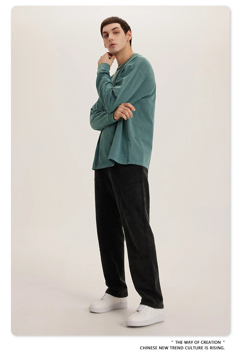 ZODF New Autumn Men's 260gsm 100% Cotton T Shirts Unisex Retro High Street Loose Washed Solid Tees Streetwears HY0376