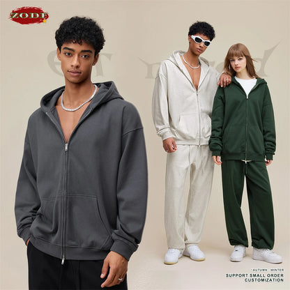ZODF Trendy 2025 Heavy Weight 445gsm Zipper Hoodies For Man Unisex Casual Zip-up Hooded SweatShirts Coats HY1102