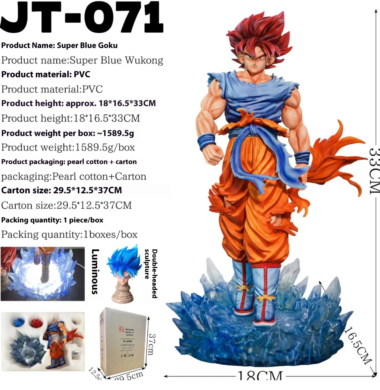 Jt Goku Statue Dragon Ball Z Super Saiyan Goku Figure Replace Head Led Base  Model Toy Gifts Luminous Statue Anime Toy Ornament