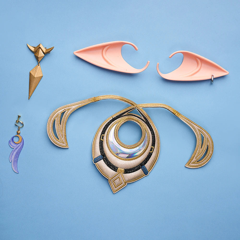 Genshin Impact Lauma Cosplay Costume Wig Dress Uniform Headwear Earrings Frostmoon Scions Halloween Party for Women Girls iCoser