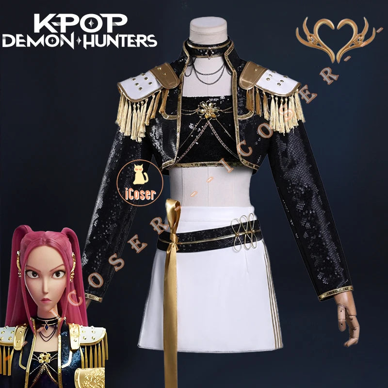KPop Demon Hunters Mira Cosplay Costume Black Gold Skirt Huntrix Golden Uniform Headwear Halloween Party for Women Girls Props