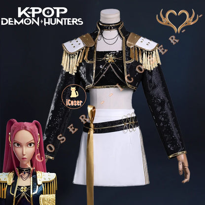 KPop Demon Hunters Mira Cosplay Costume Black Gold Skirt Huntrix Golden Uniform Headwear Halloween Party for Women Girls Props