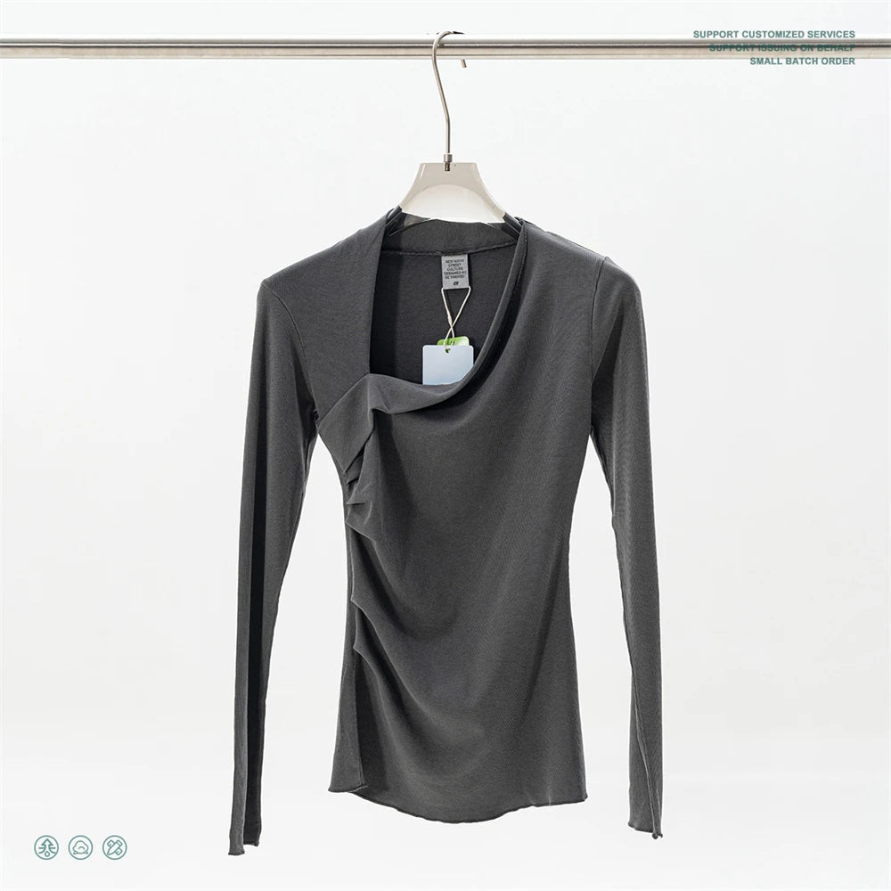 ZODF Retro Sexy Women Autumn Washed 275gsm T Shirt Ladies Girls Distressed Side Pleated Full Sleeve T-Shirts Tees HY1107