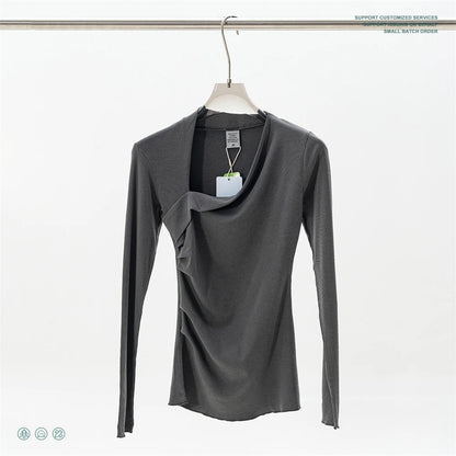 ZODF Retro Sexy Women Autumn Washed 275gsm T Shirt Ladies Girls Distressed Side Pleated Full Sleeve T-Shirts Tees HY1107