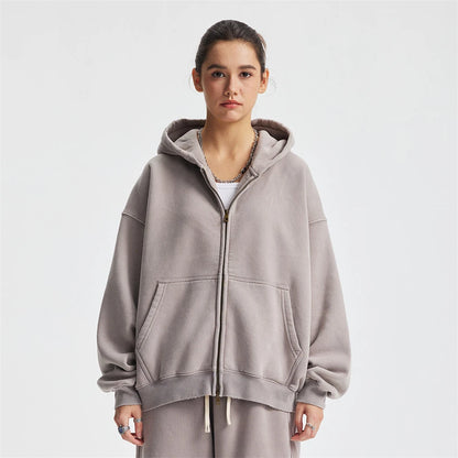 ZODF New 2025 Winter Man's Fleece Zipper Hoodies Unisex Retro 370gsm Loose Boxy Batik Washed Hooded Coats Sweatshirts HY1164