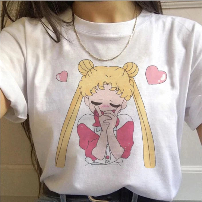 T Shirt 90s Anime Sailor Moon Retro Graphic Summer Cotton Men Women Tee Streetwear Casual Trend Short Sleeve Couple Hip Hop Top