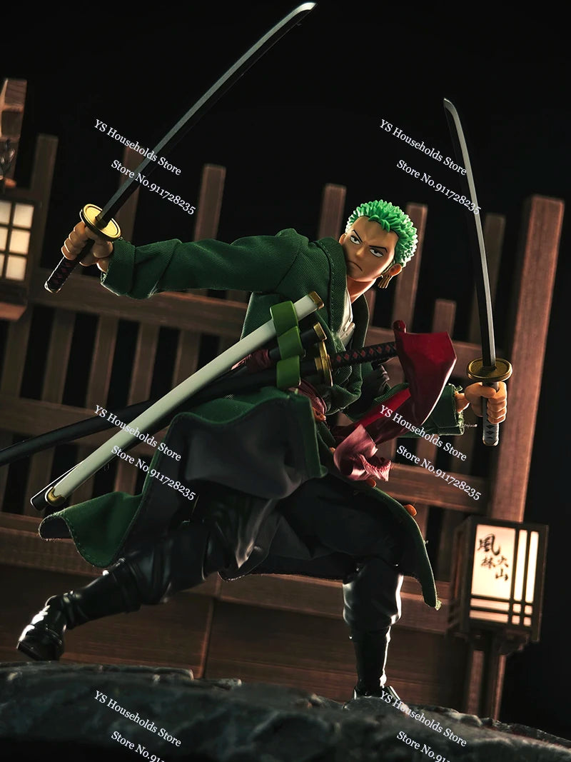 1/12 Anime One Piece Roronoa Zoro Man Soldier Mini Hemline Long Black Green Windbreaker Coat Toys Accessory For 6" Shf Figure