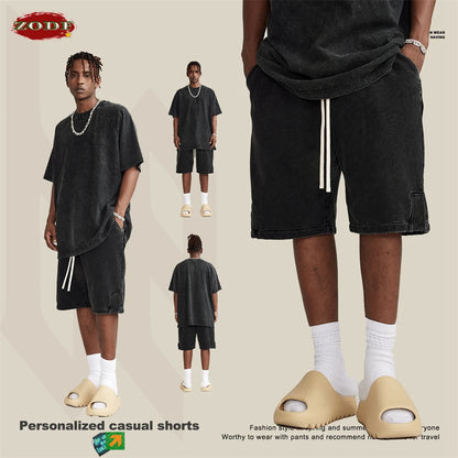 ZODF 2024 Summer Men 350gsm Washed Cotton Shorts Unisex Retro High Street Loose Side Slit Short Pants Streetwears HY0839