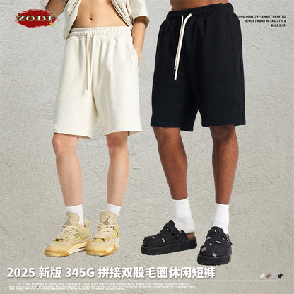 ZODF Trendy 2025 Men Summer Patchwork 345gsm Shorts Unisex Casual High Street Loose Fit Sport Solid Shorts Streetwears HY1053