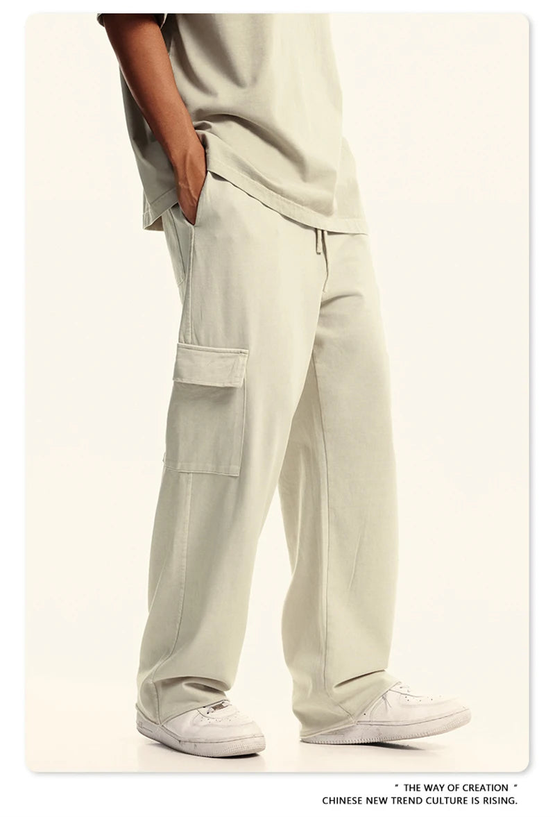 ZODF New 2024 Spring Summer 358gsm Cotton Cargo Pants For Men Unisex Casual Washed Straight Multi-Pockets Loose Trousers HY0829