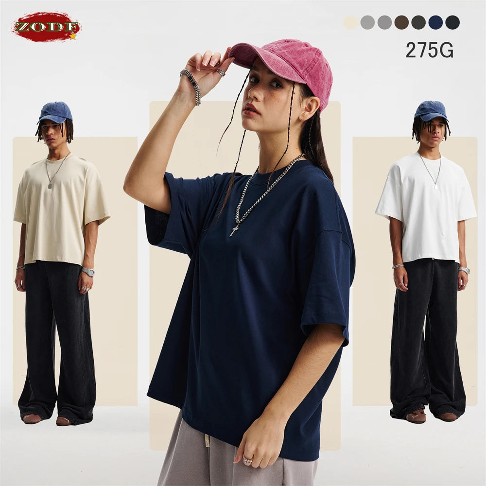 ZODF New Men Summer Boxy 275gsm Cotton T-Shirts Retro Unisex Oversized Short Version Basic T Shirt Brand Tees HY1070
