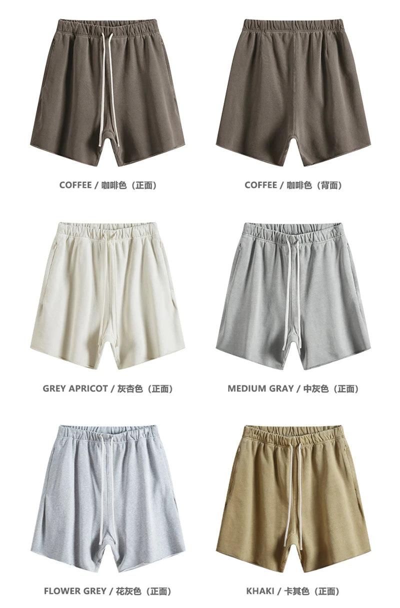ZODF New Summer Men Retro Washed Shorts Unisex Drawstring Loose Edge 420gsm Solid Knee Length Cotton Pants Streetwears HY0589