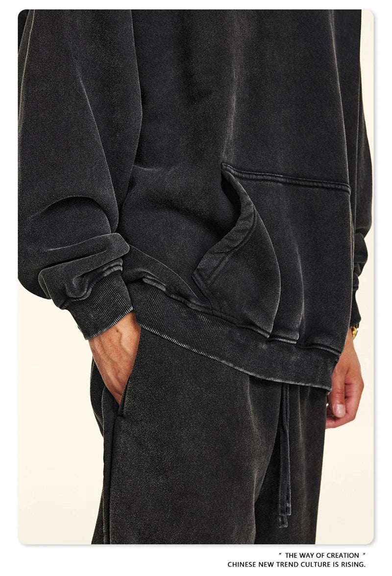 ZODF Retro Men’s Winter Washed Fleece Hoodie 360gsm Warm Knitted Loose Hooded Pullover Streetwear HY0887