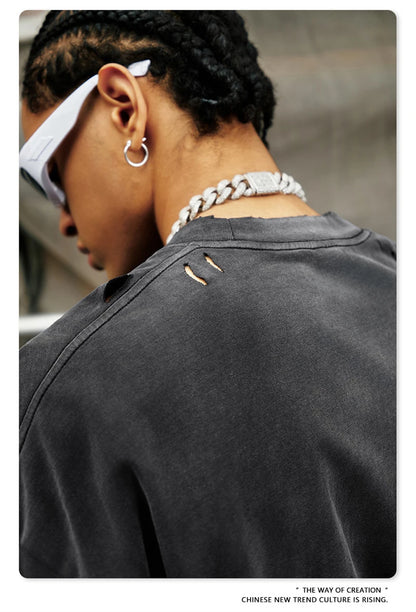 ZODF 2024 Summer Men Washed Gradient T-Shirts Unisex Women Distressed 250gsm Cotton T Shirt Brand Tees Streetwears HY0814