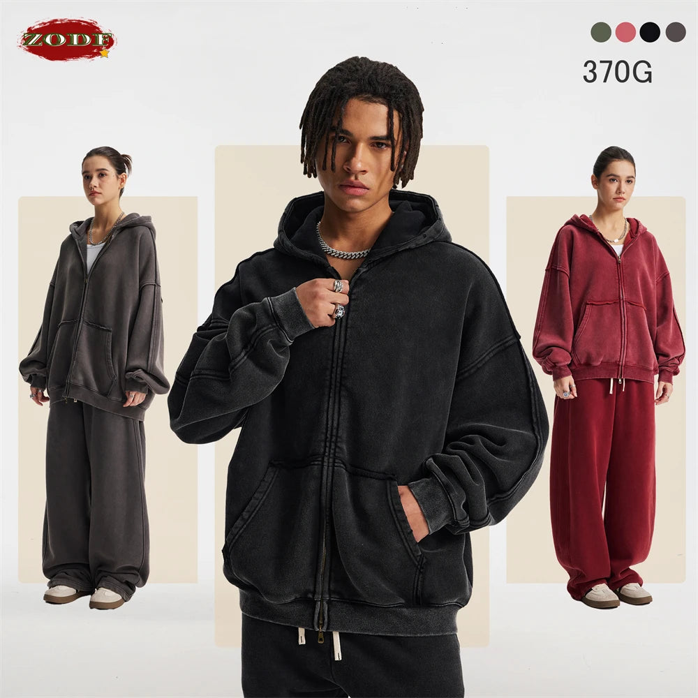 ZODF Vintage Man's Batik Washed Fleece Zipper Hoodie Unisex Winter Warm Distressed Hooded Coat Pullovers Brand Clothing HY1146