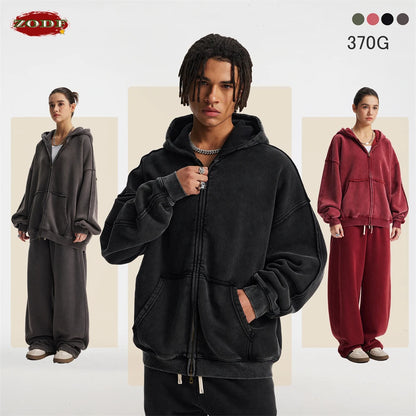 ZODF Vintage Man's Batik Washed Fleece Zipper Hoodie Unisex Winter Warm Distressed Hooded Coat Pullovers Brand Clothing HY1146