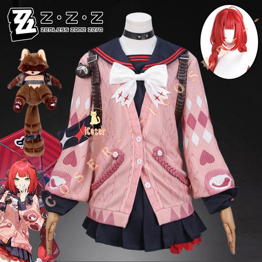 Zenless Zone Zero Ukinami Yuzuha Cosplay Costume Wig Skirt Uniform Earrings Headwear Spook Shack Halloween Party for Women Girls