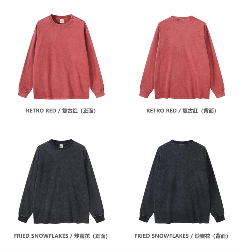 ZODF Retro 2025 Men Autumn Batik Washed T Shirt Unisex Oversized Basic Long Sleeve Solid 270gsm Cotton T-Shirts Tees HY0641