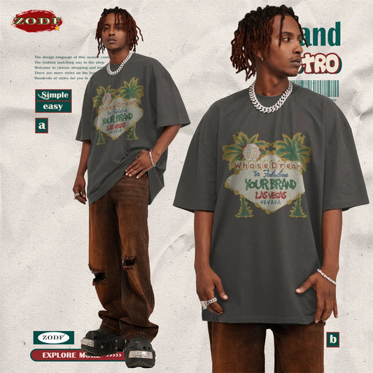 ZODF New Men High Street Washed T-Shirts Unisex Loose Tree Printing 285gsm Cotton O Neck T Shirt For Summer HY0512