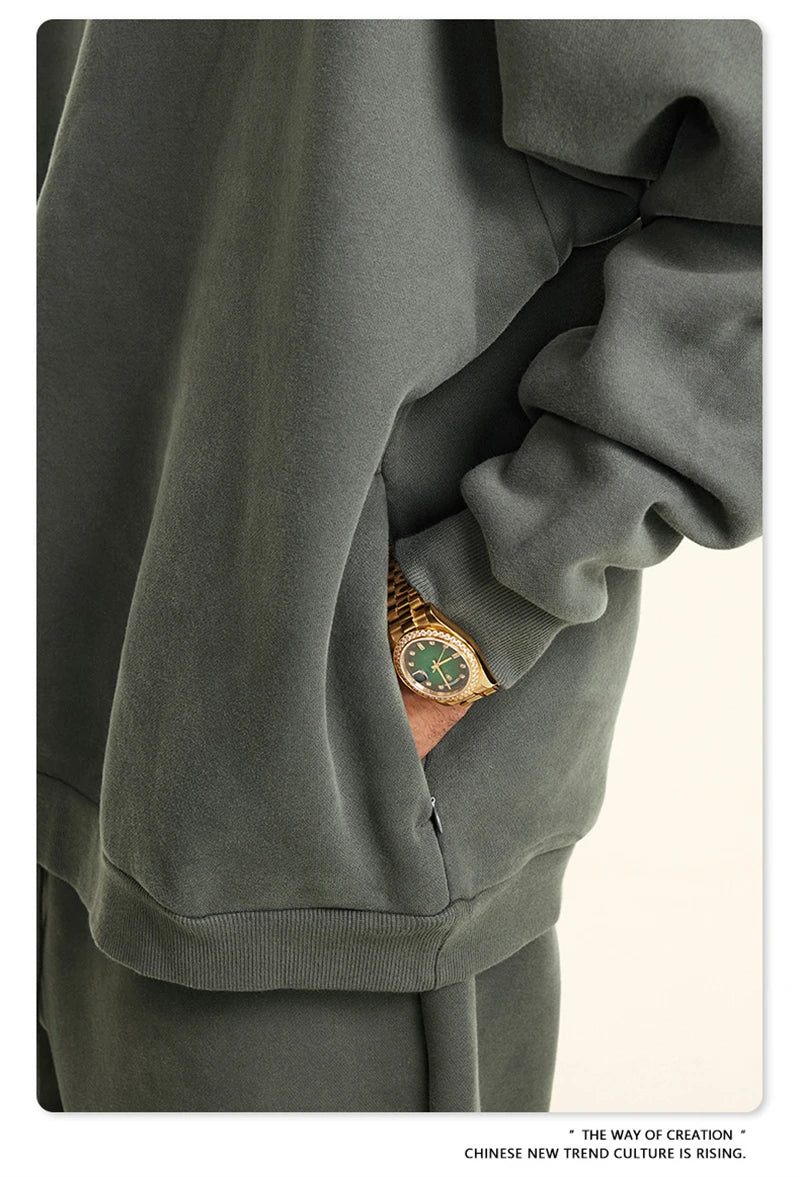 ZODF New Winter Men Solid Fleece Hoodies Unisex Women 345gsm Loose Warm Side Zipper Pocket Hooded Pullovers Brand Clothes HY0867