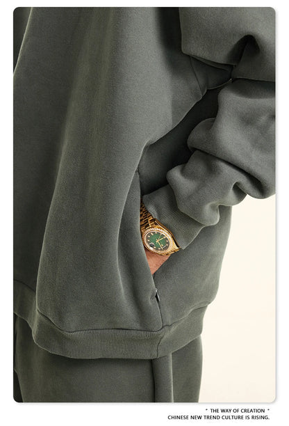 ZODF New Winter Men Solid Fleece Hoodies Unisex Women 345gsm Loose Warm Side Zipper Pocket Hooded Pullovers Brand Clothes HY0867