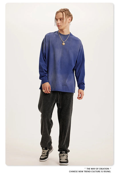 ZODF Retro Monkey Washed 260gsm Cotton T-Shirt For Men Unisex High Street Loose Full Sleeve T Shirt Brand Streetwear HY0406