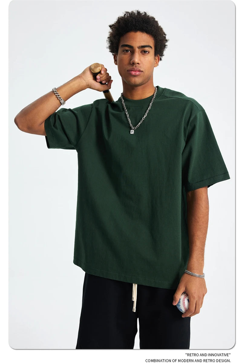 ZODF Trendy 2025 Men 275gsm Cotton T-Shirts Unisex Summer Patchwork Solid O Neck T Shirt Brand Tees HY1045