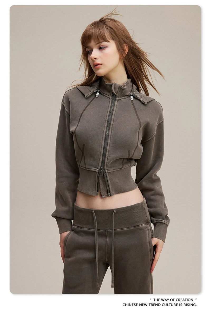 ZODF Vintage 2025 Winter Batik Washed Crop Hoodies Female Girls Remove Hood Heavy Weight Sport 400gsm Hooded Coat HY1085