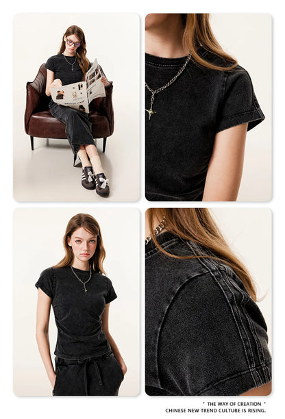 ZODF Retro 2025 Summer Women 285gsm T-Shirts Hotsweet Girls Sexy Slim Fit Washed Distressed T Shirt Brand Tees HY1013