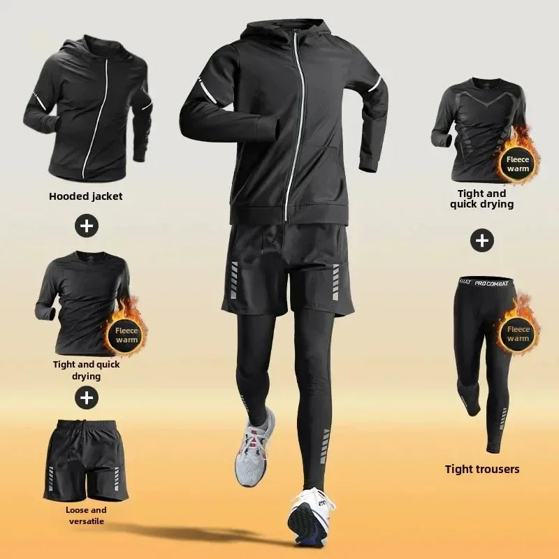 Men’s Winter Fleece-Lined Quick-Dry Warm-Up Sports Set for Running Cycling Fitness Training - 5-pcs set / XXXL