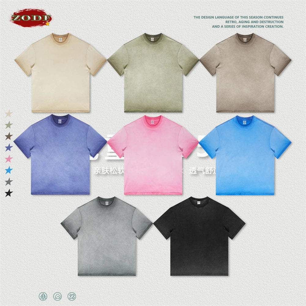 ZODF 2023 Men's Summer 255G Wash Gradient Fried Cotton T Shirt Round Neck Short Sleeve American Retro Loose T-Shirt HY0547