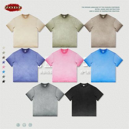 ZODF 2023 Men's Summer 255G Wash Gradient Fried Cotton T Shirt Round Neck Short Sleeve American Retro Loose T-Shirt HY0547