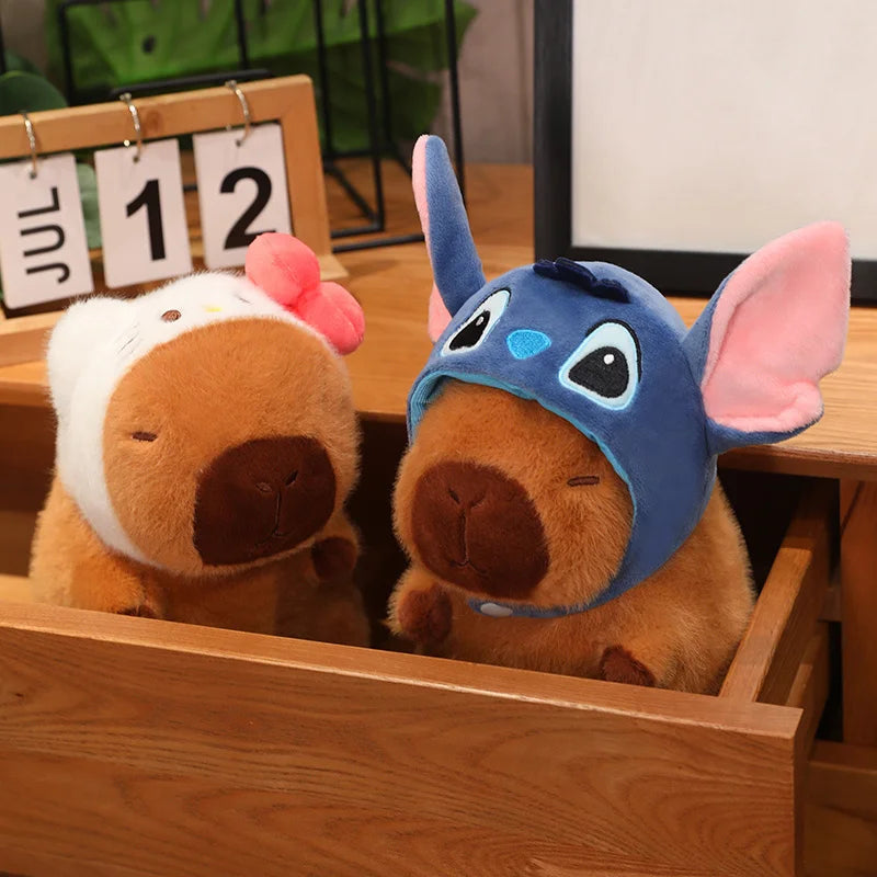 Capybara Soft Doll Cute Stuffed Capibara Anime With Pikachu Stitch Kuromi Hat Toy Kawaii Plushie Xmas Gift for Girl Friend