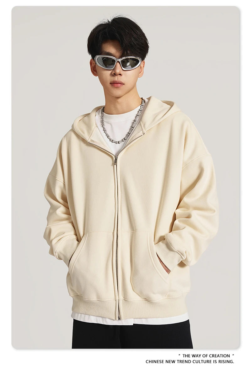 ZODF New Winter Men Zipper Fleece Hoodies Unisex Loose Heavy Weight Thick Warm Basic 420gsm Hooded Coats Hoodie HY0747