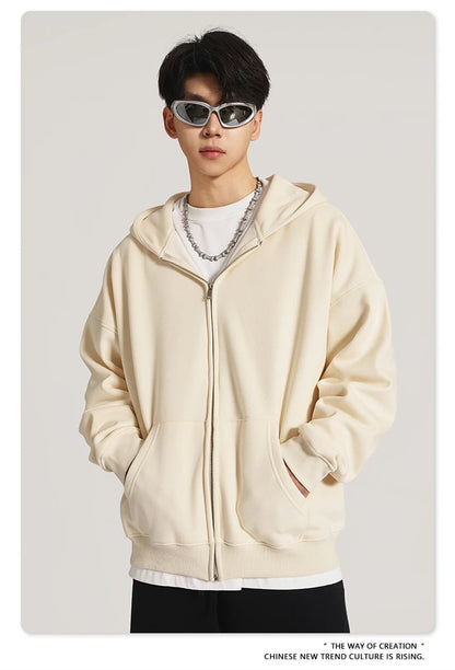 ZODF New Winter Men Zipper Fleece Hoodies Unisex Loose Heavy Weight Thick Warm Basic 420gsm Hooded Coats Hoodie HY0747