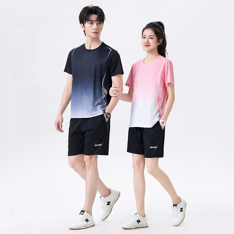 Chrlck Unisex Gradient Quick-Dry Ice Silk Fitness T-Shirt and Shorts Set for Running Gym Training