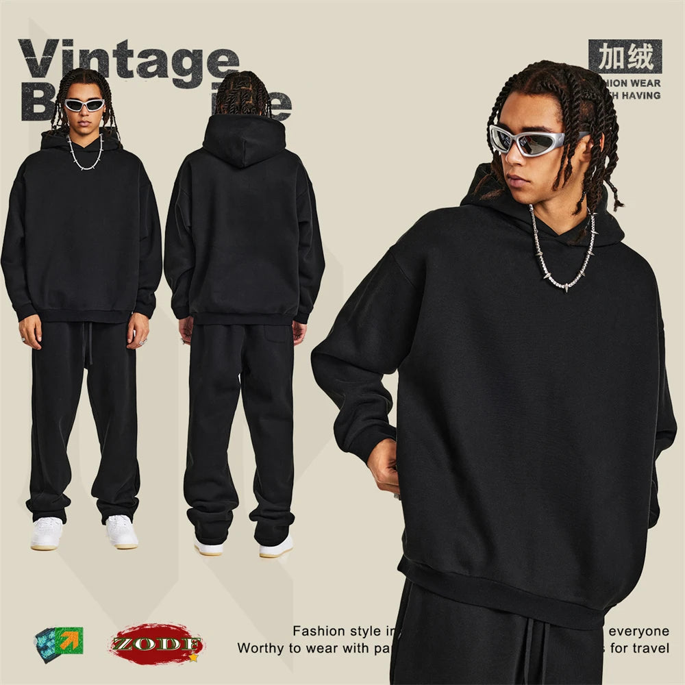 ZODF New Winter Men Solid Fleece Hoodies Unisex Women 345gsm Loose Warm Side Zipper Pocket Hooded Pullovers Brand Clothes HY0867