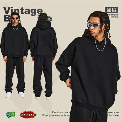 ZODF New Winter Men Solid Fleece Hoodies Unisex Women 345gsm Loose Warm Side Zipper Pocket Hooded Pullovers Brand Clothes HY0867