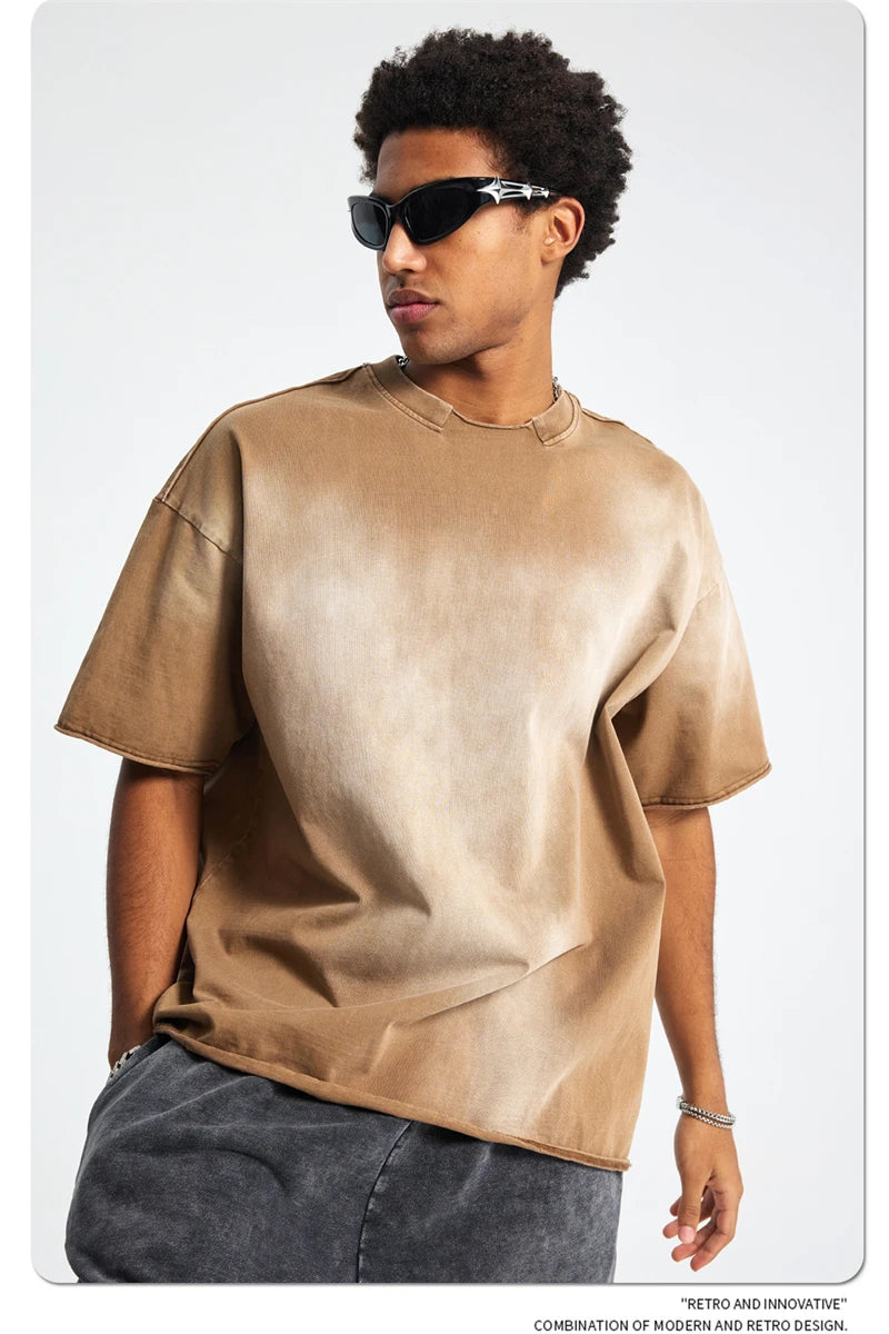 ZODF Retro Summer Men Washed 100% Cotton T-Shirts Unisex High Street Oversized Distressed Broken Neck T Shirt Brand Tees HY1050