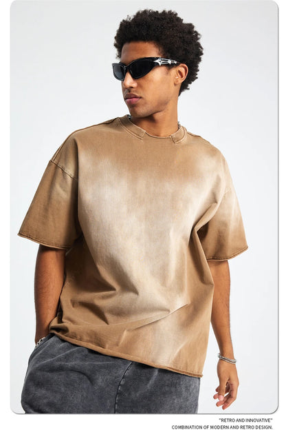 ZODF Retro Summer Men Washed 100% Cotton T-Shirts Unisex High Street Oversized Distressed Broken Neck T Shirt Brand Tees HY1050