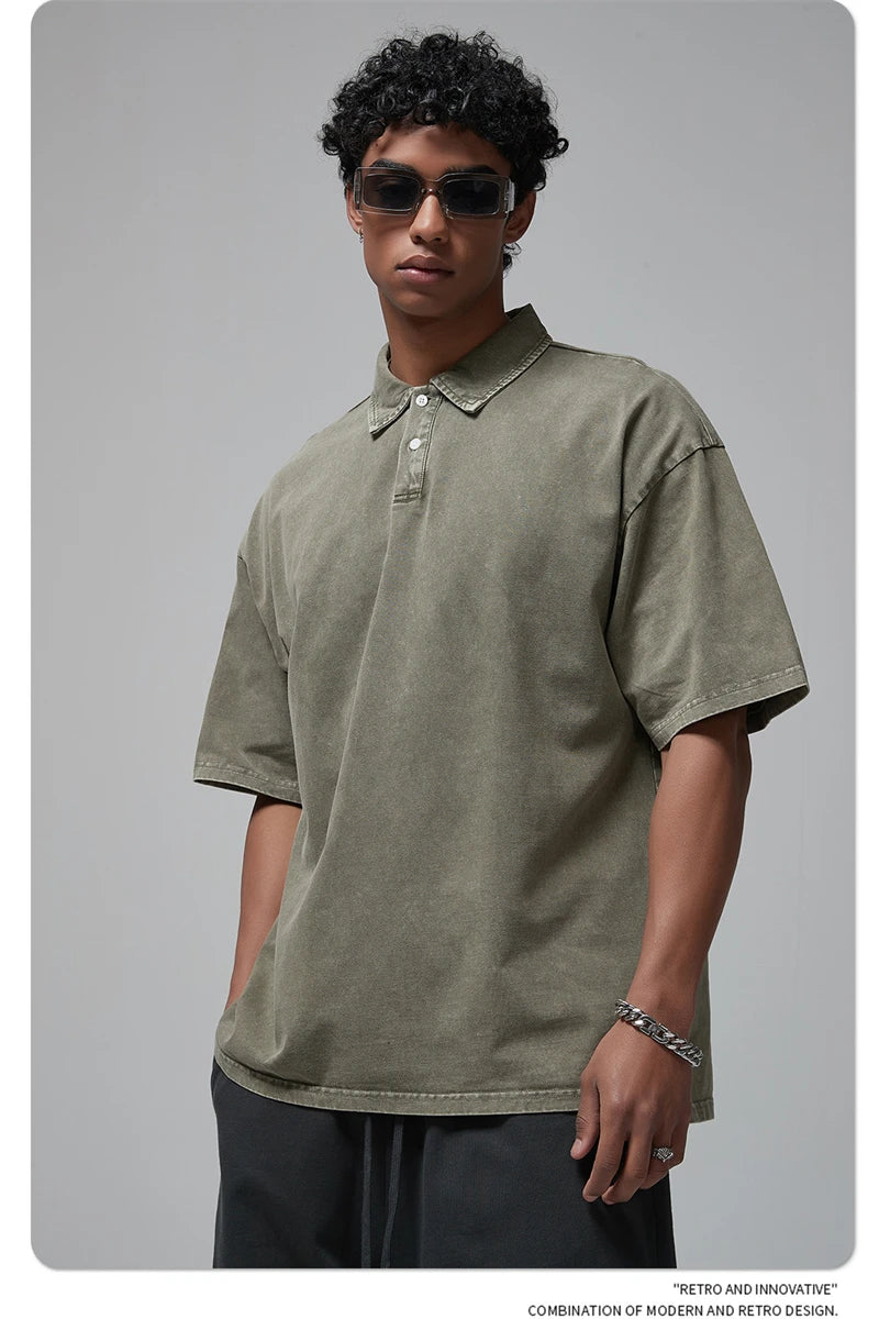 ZODF Summer Men Batik Washed 275gsm Cotton T Shirt Unisex Retro Turn Down Collar Short Sleeve T-shirts Tees HY0533