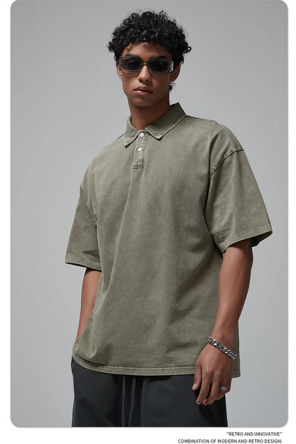 ZODF Summer Men Batik Washed 275gsm Cotton T Shirt Unisex Retro Turn Down Collar Short Sleeve T-shirts Tees HY0533