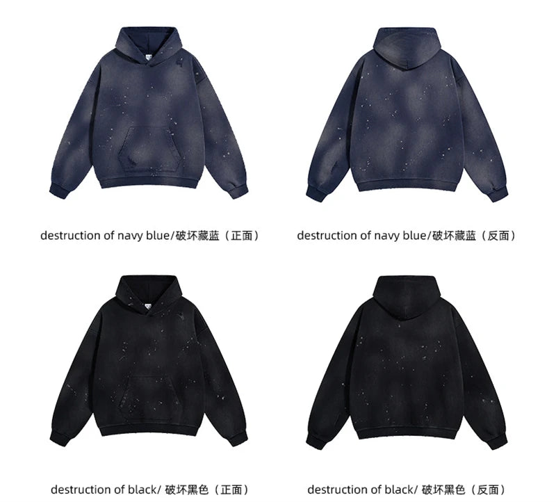 ZODF Autumn Winter Spray Dyeing Ink Splashing Hoodies For Men Unisex 450gsm Washed Oversized Knitted Hooded Pullovers HY0908