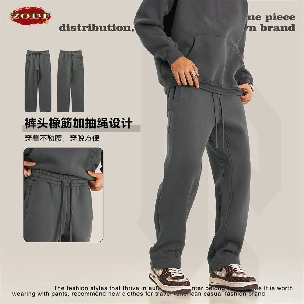 ZODF 345gsm Fleece Straight Pants for Men Unisex Loose Comfortable Sport Trousers Autumn Winter HY0864