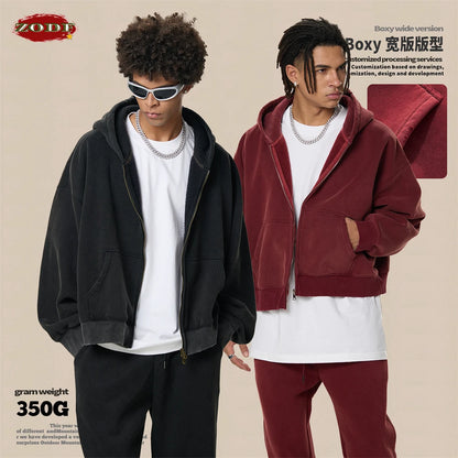 ZODF Retro Winter 350gsm Washed Zipper Fleece Hoodies For Men Unisex Loose Fit Boxy Style Thick Warm Hooded Coat Outfits HY0042